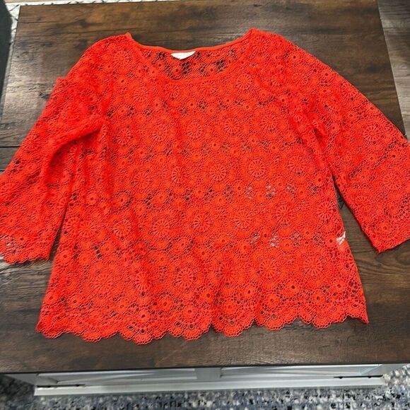 Adiva Womens Floral Crochet Open Knit 3/4 Bell Sleeve Top Red Orange Size Large - Picture 7 of 12